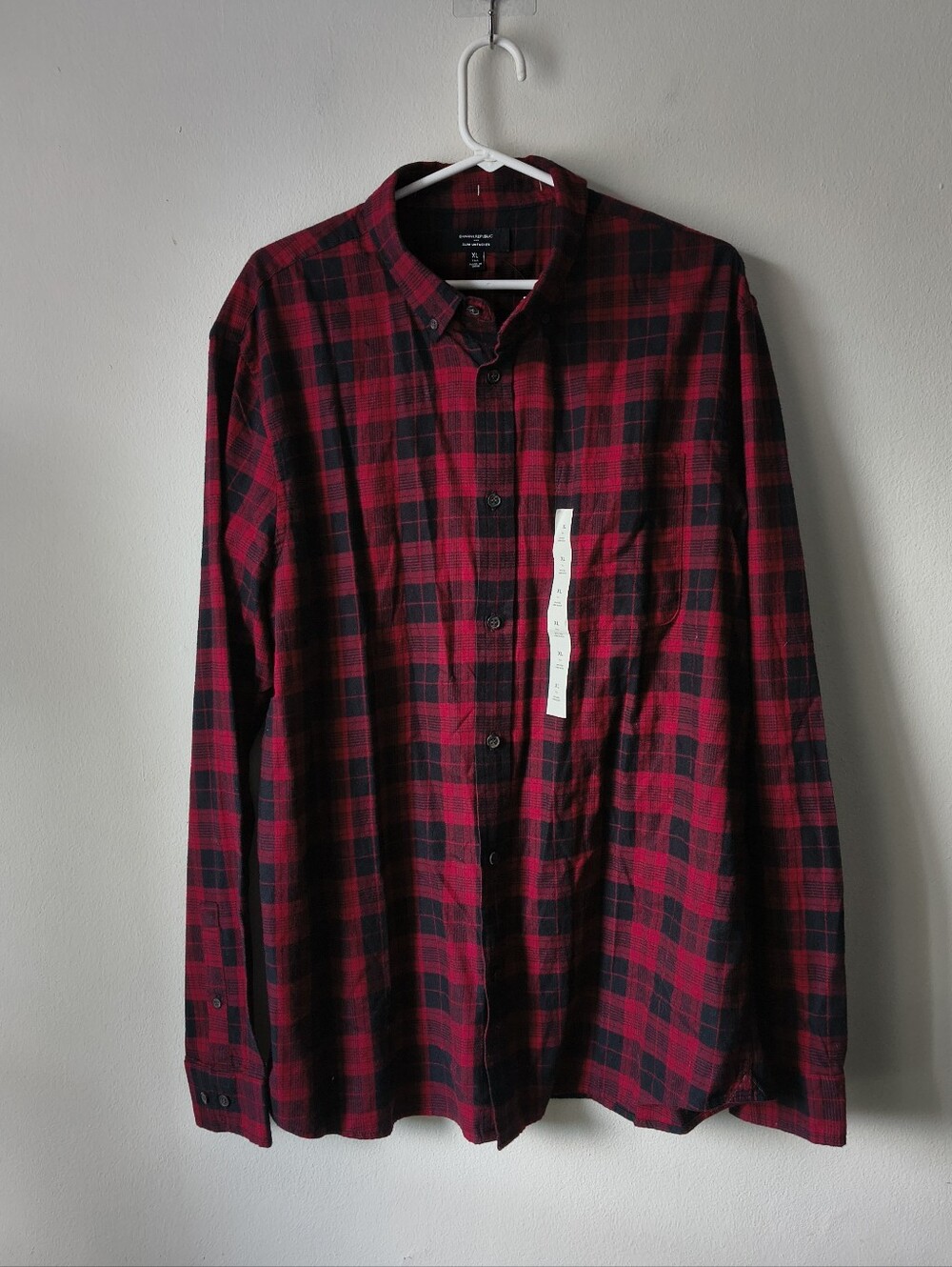 Banana Republic Slim Untucked Red Black Plaid Flannel Shirt Men's XL Tall Long